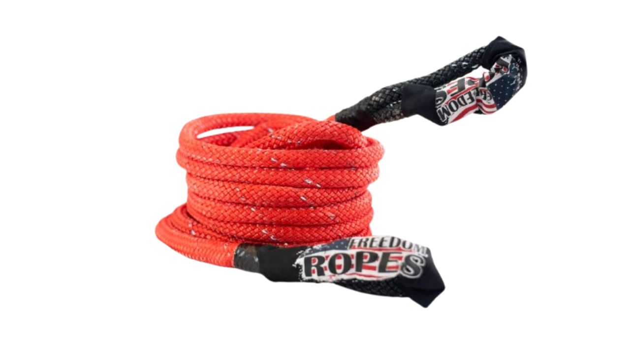 A red tow rope featuring the word "rope" and a black logo, emphasizing its use for kinetic energy applications.