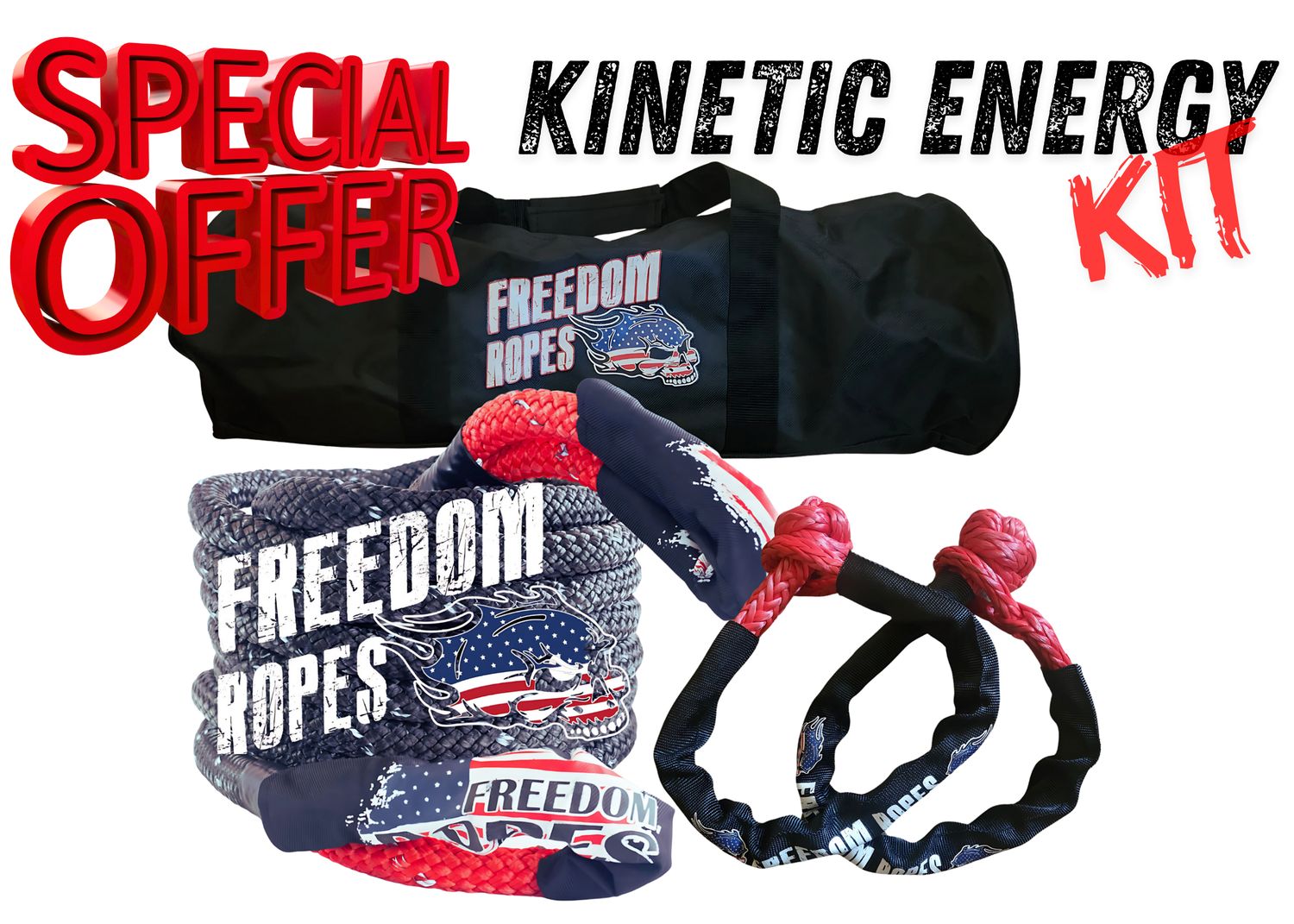 1"x30' Kinetic Energy Rope Kit with (2) 7/16" Soft Shackles and a recovery bag. Best Recovery Rope to get the job done.